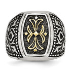 Stainless Steel Antiqued Polished & Textured Yellow IP-plated Cross Ring