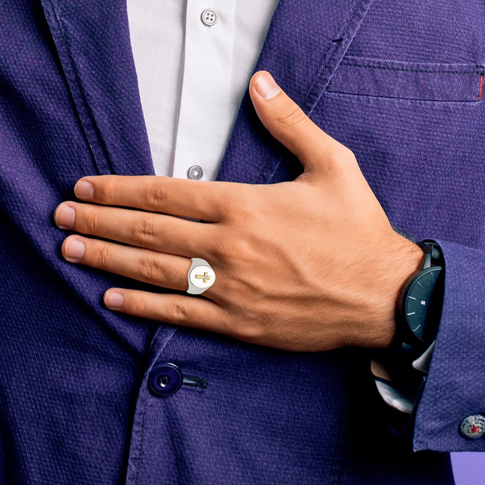 Chisel Stainless Steel Polished with 10K Gold Cross and .02 Carat Diamond Ring
