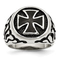 Chisel Stainless Steel Antiqued Polished and Textured Black IP-plated Cross Ring