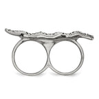 Stainless Steel Polished&Antiqued Leaf Two Finger 8/9 Crystal Ring