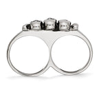 Stainless Steel Polished & Antiqued Two Finger 7/8 Skulls Ring