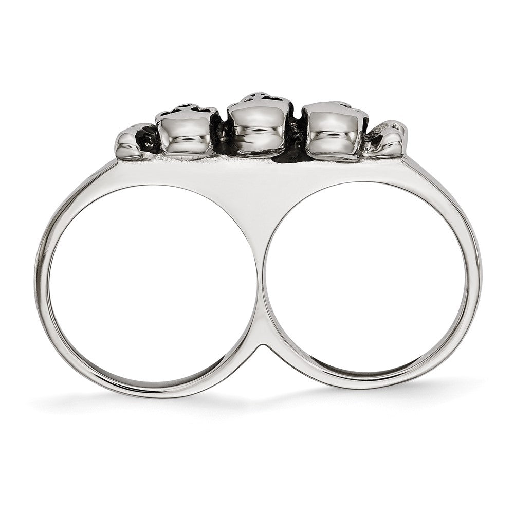 Stainless Steel Polished & Antiqued Two Finger 7/8 Skulls Ring