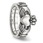 Chisel Stainless Steel Antiqued Love, Loyalty, Friendship Claddagh Hinged Ring