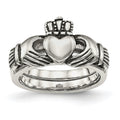 Chisel Stainless Steel Antiqued Love, Loyalty, Friendship Claddagh Hinged Ring