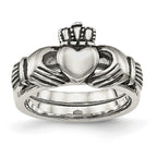 Chisel Stainless Steel Antiqued Love, Loyalty, Friendship Claddagh Hinged Ring