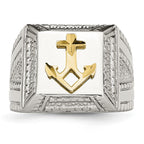 Stainless Steel Polished w/Sterling Silver Yellow IP-plated Anchor Ring