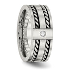 Stainless Steel Antiqued and Brushed w/CZ Twisted 9mm Flat Band