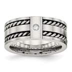 Stainless Steel Antiqued and Brushed w/CZ Twisted 9mm Flat Band