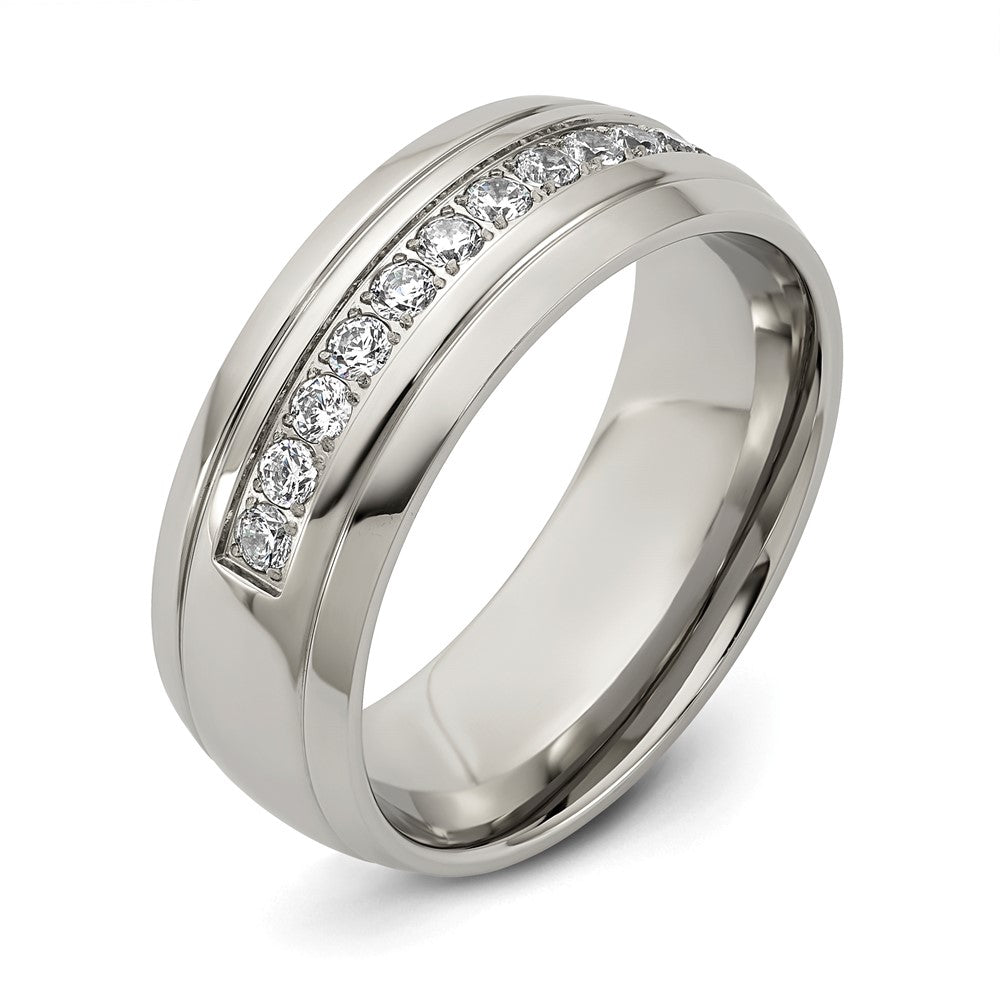 Chisel Stainless Steel Polished and Grooved with CZ 8mm Half Round Band