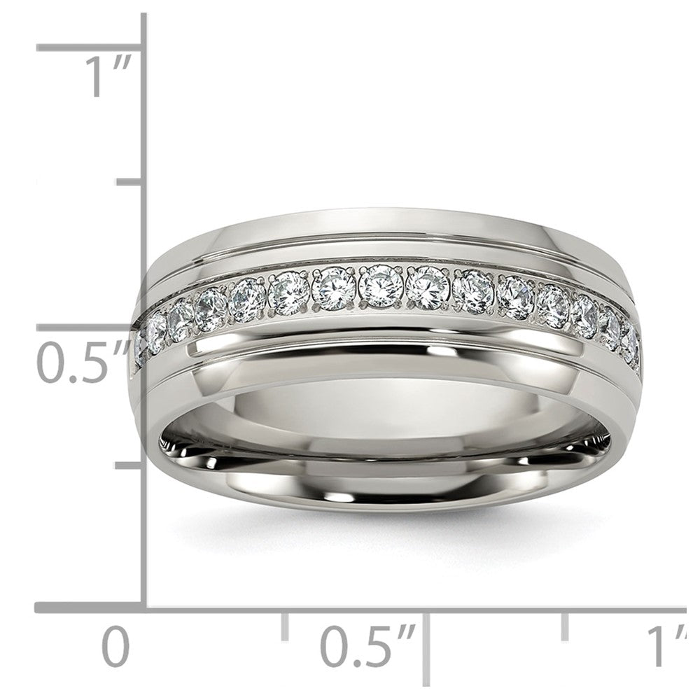 Chisel Stainless Steel Polished and Grooved with CZ 8mm Half Round Band