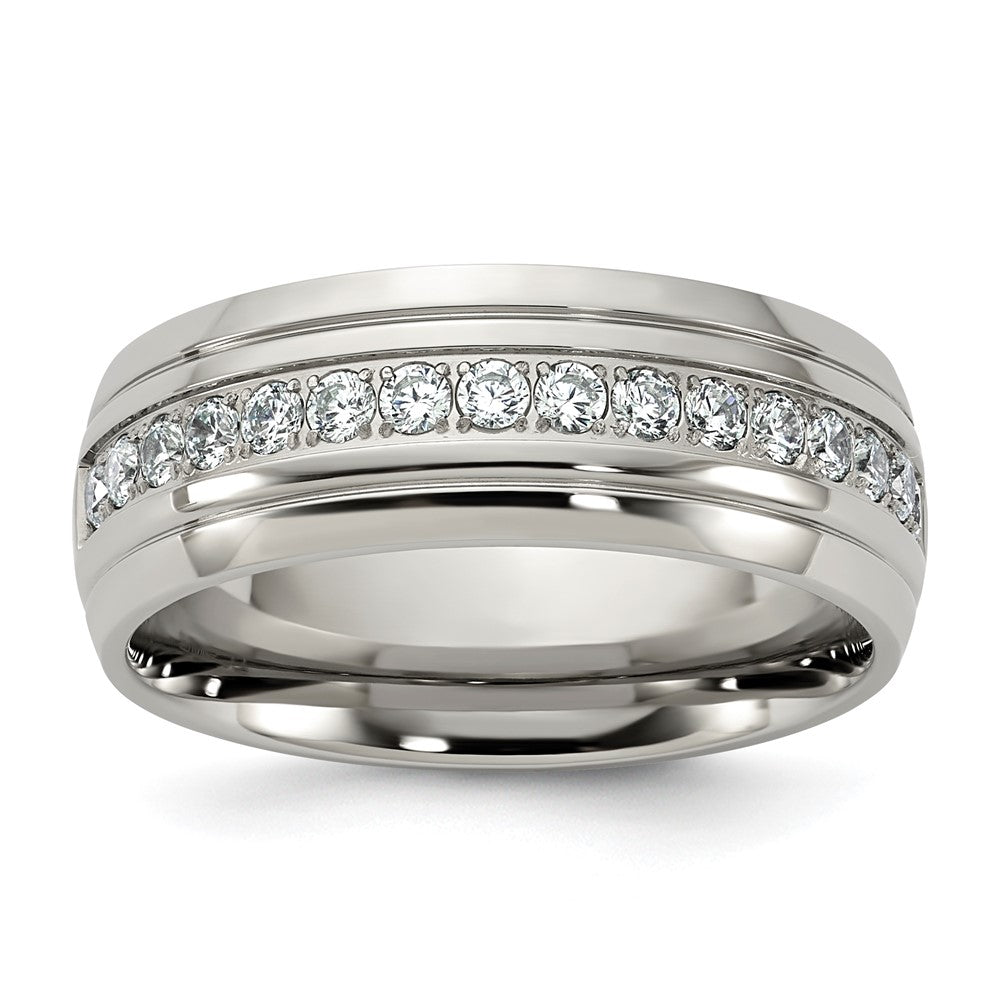 Chisel Stainless Steel Polished and Grooved with CZ 8mm Half Round Band