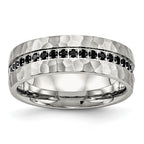 Chisel Stainless Steel Brushed and Hammered with Black CZ 7.5mm Band