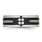 Stainless Steel Polished Black IP Laser Cut w/Cable Inlay & CZ 8mm Band