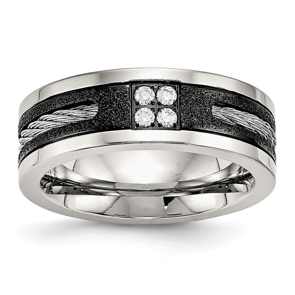 Stainless Steel Polished Black IP Laser Cut w/Cable Inlay & CZ 8mm Band