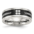 Stainless Steel Polished Black IP Laser Cut w/Cable Inlay & CZ 8mm Band