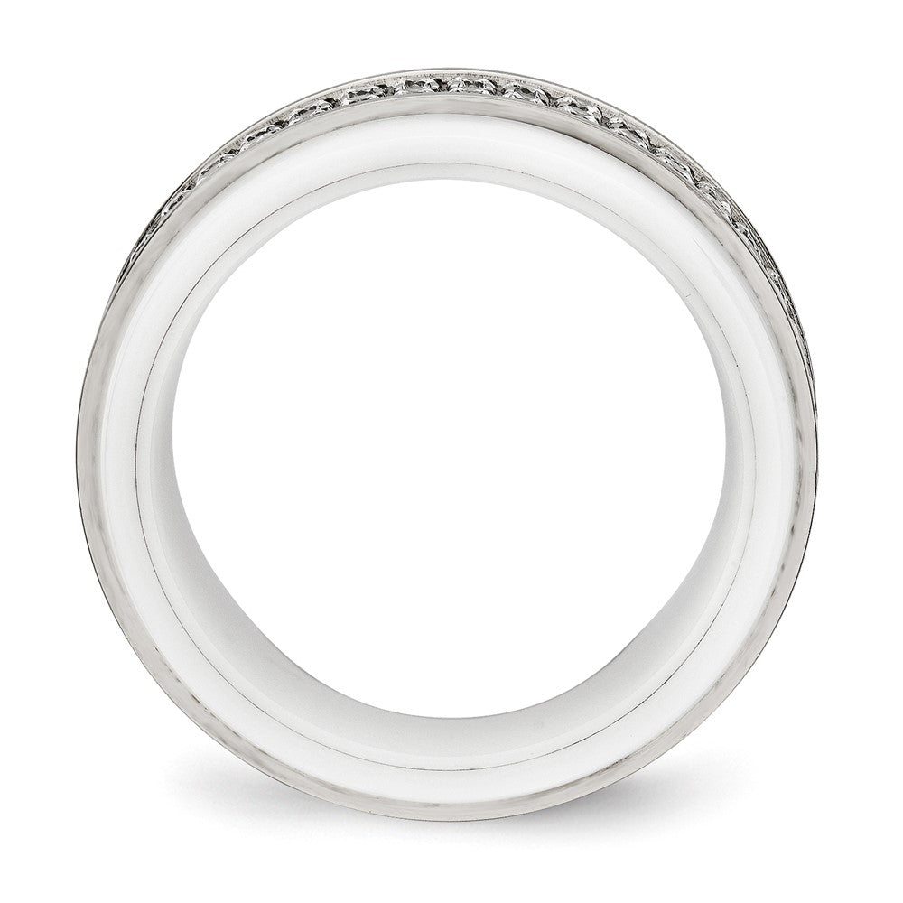 Chisel Stainless Steel Polished White Ceramic CZ Ridged Edge Ring