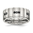 Stainless Steel Polished w/Brushed Center Black CZ 9mm Ridged Edge Band