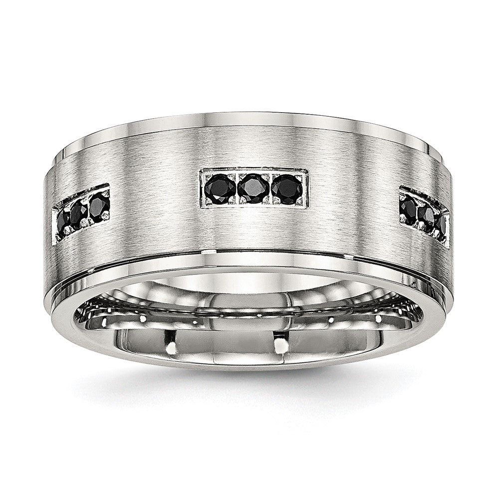 Stainless Steel Polished w/Brushed Center Black CZ 9mm Ridged Edge Band