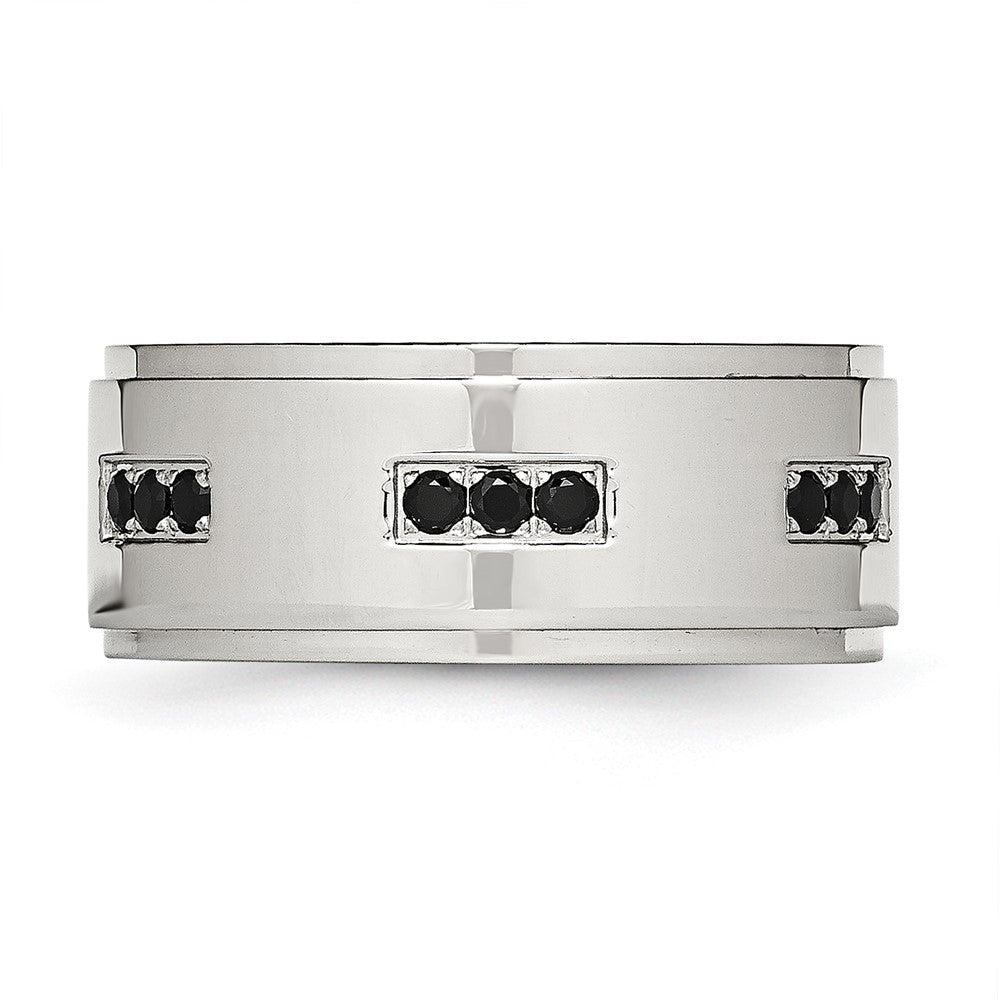 Stainless Steel Polished w/Black CZ 9mm Ridged Edge Band
