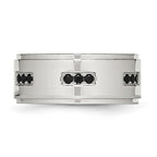 Stainless Steel Polished w/Black CZ 9mm Ridged Edge Band