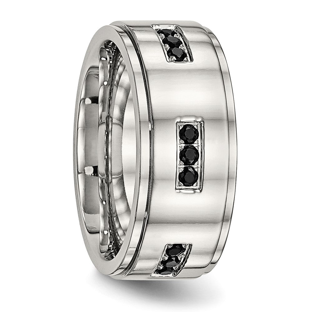 Stainless Steel Polished w/Black CZ 9mm Ridged Edge Band