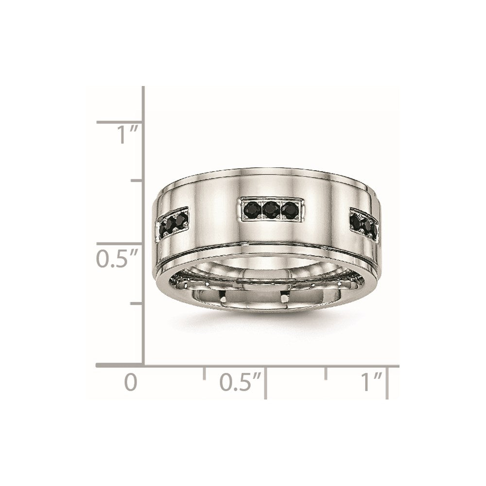 Stainless Steel Polished w/Black CZ 9mm Ridged Edge Band