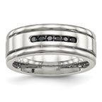 Stainless Steel Polished w/Black CZ 8mm Grooved Band