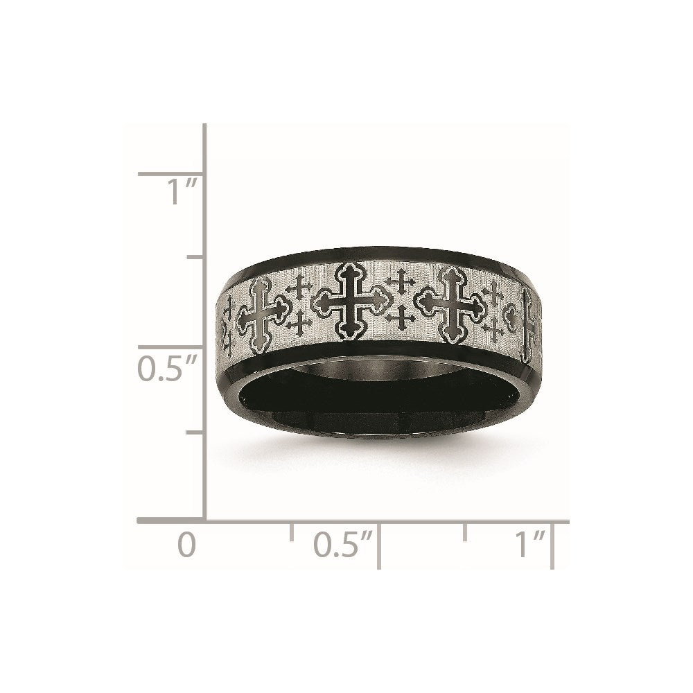 Stainless Steel Brushed/Polished Black IP Laser Etched Crosses 8mm Band