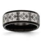 Stainless Steel Brushed/Polished Black IP Laser Etched Crosses 8mm Band