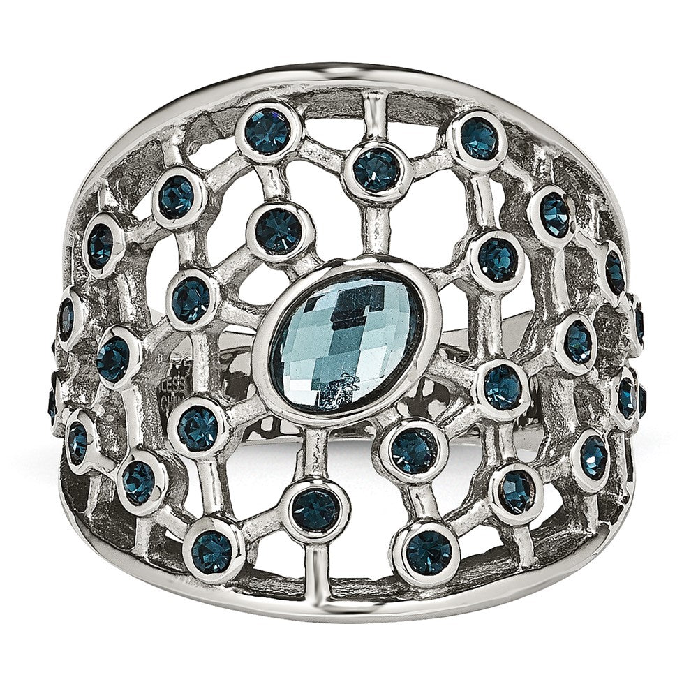 Stainless Steel Polished Blue Glass and Preciosa Crystal Ring