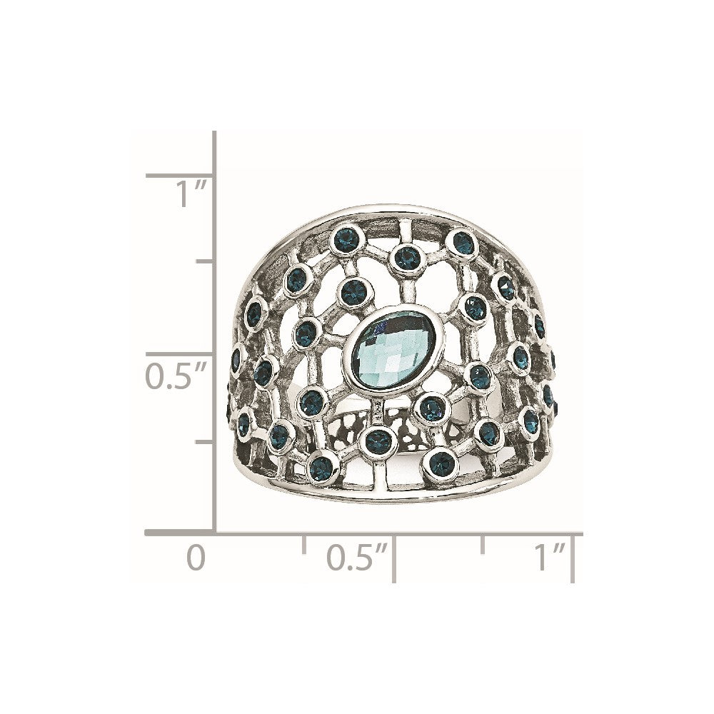 Stainless Steel Polished Blue Glass and Preciosa Crystal Ring
