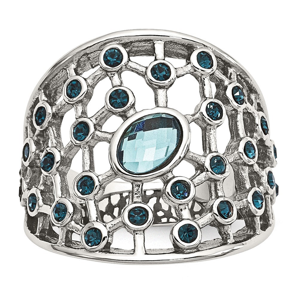 Stainless Steel Polished Blue Glass and Preciosa Crystal Ring