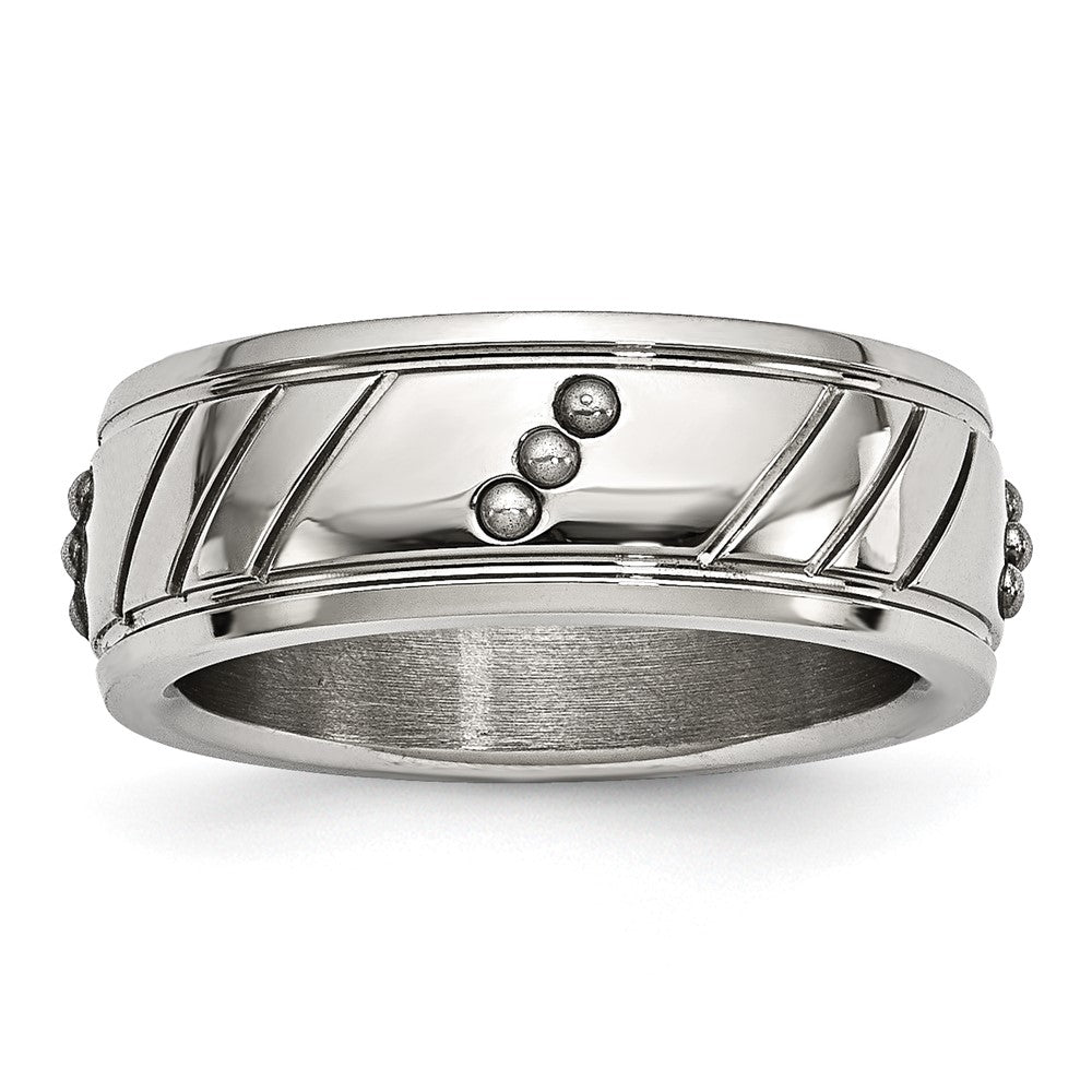 Stainless Steel Polished Beaded and Grooved 8mm Band