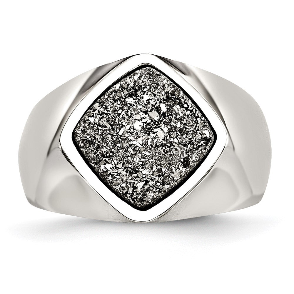 Stainless Steel Polished with Silver Druzy Ring