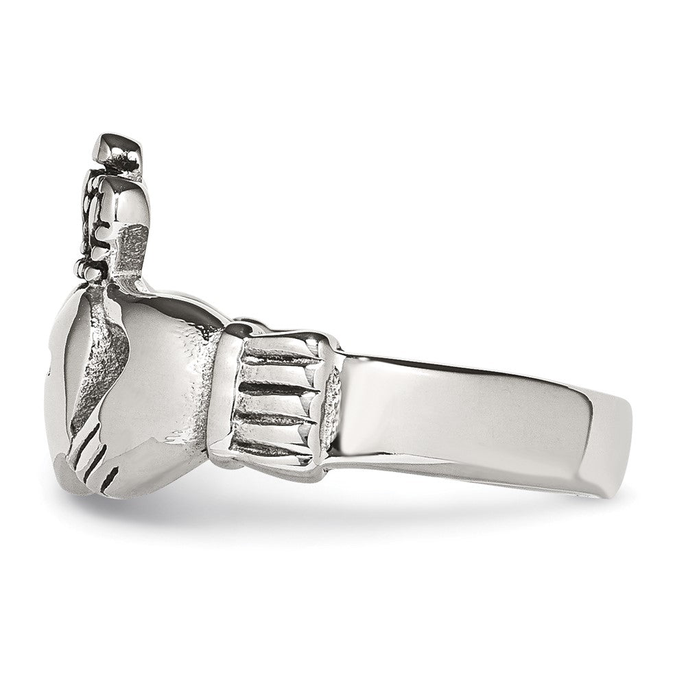 Stainless Steel Polished Antiqued Claddagh with Cross Ring