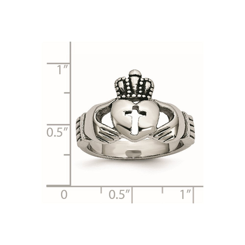 Stainless Steel Polished Antiqued Claddagh with Cross Ring
