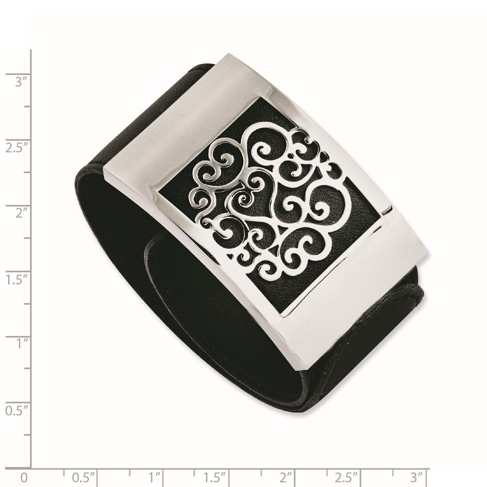 Stainless Steel Black Leatherette w/Polished Scroll Wrap Bracelet