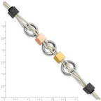 Stainless Steel Multi IP-Plated Beads & White Leather w/.75in ext Bracelet