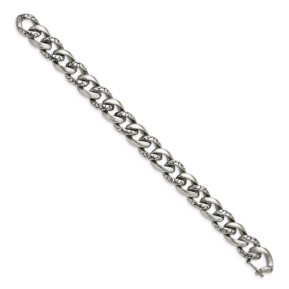 Chisel Stainless Steel Antiqued Polished and Reptile Scale Textured Link Bracelet