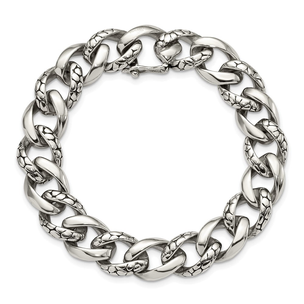 Chisel Stainless Steel Antiqued Polished and Reptile Scale Textured Link Bracelet