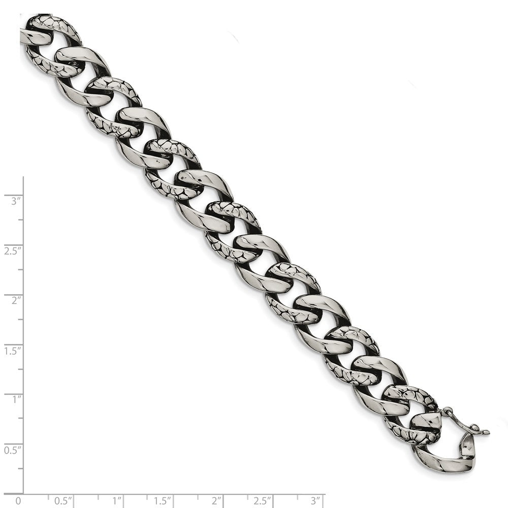 Chisel Stainless Steel Antiqued Polished and Reptile Scale Textured Link Bracelet