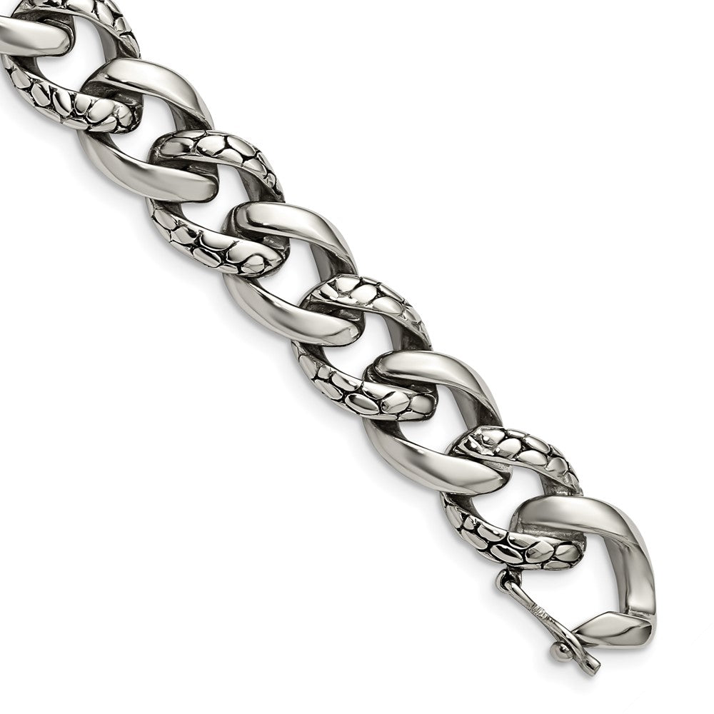Chisel Stainless Steel Antiqued Polished and Reptile Scale Textured Link Bracelet