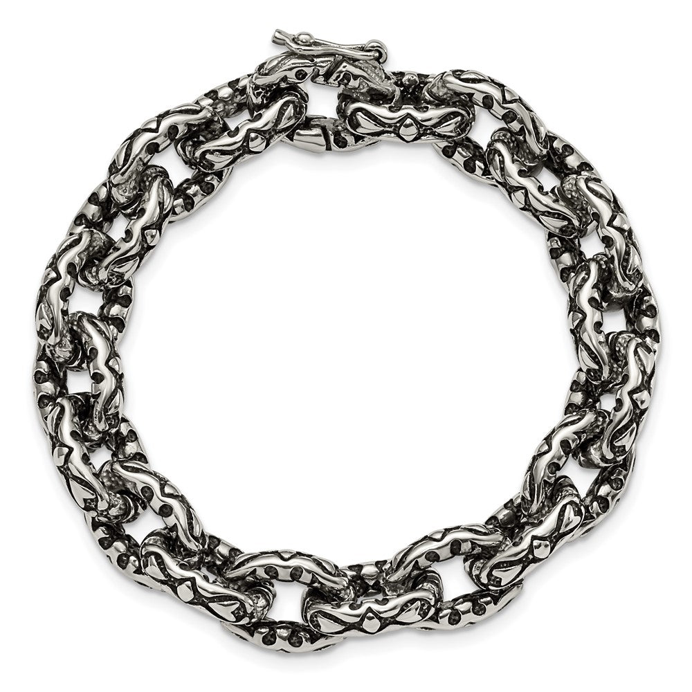 Chisel Stainless Steel Antiqued Polished and Textured Fancy Link Bracelet