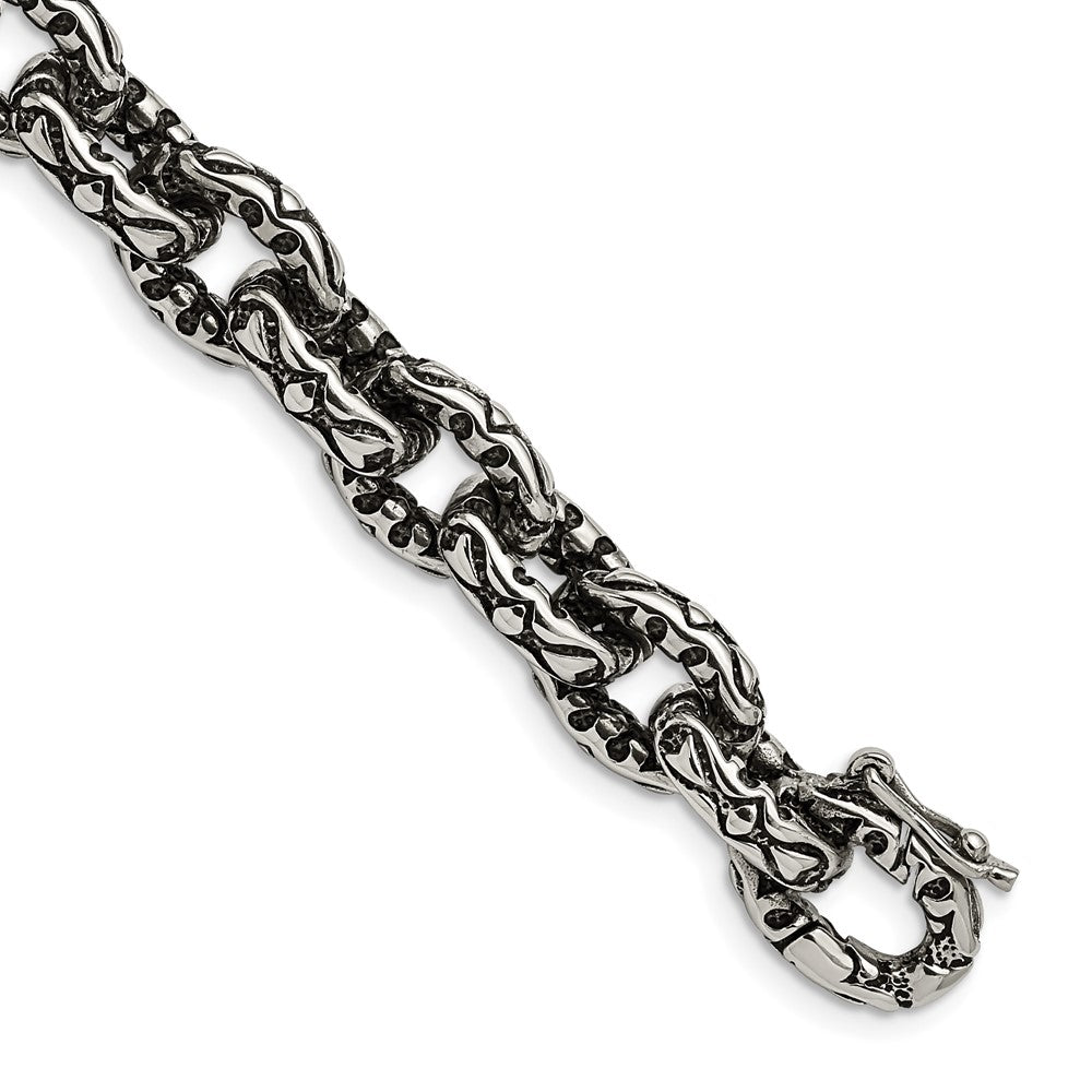 Chisel Stainless Steel Antiqued Polished and Textured Fancy Link Bracelet