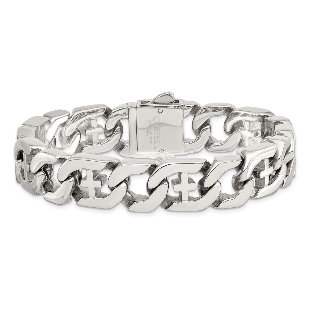 Chisel Stainless Steel Polished Crosses Link Bracelet