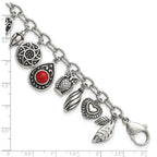 Stainless Steel Polished & Antiqued Synthetic Jade & Red Glass w/ 2in ext. Charm Bracelet