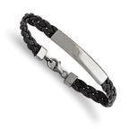 Chisel Stainless Steel Polished Braided Black Leather 8 inch ID Bracelet