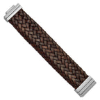 Stainless Steel Brushed & Brown Italian Woven Leather Bracelet