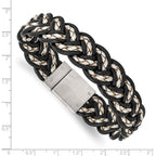 Stainless Steel Brushed Black and Cream Woven Leather 8.5in Bracelet