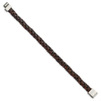 Chisel Stainless Steel Polished Brown Woven Leather 8.75 inch Bracelet